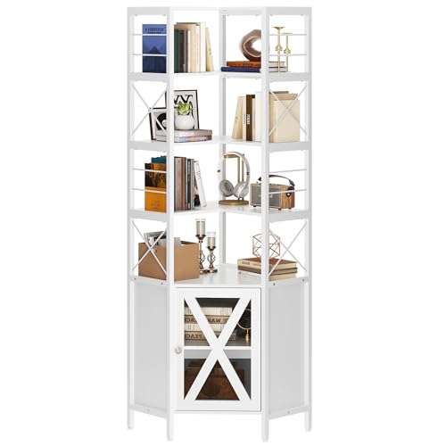 Corner Bookshelf with Storage, 7-Tier Shelf with Doors, White V7438