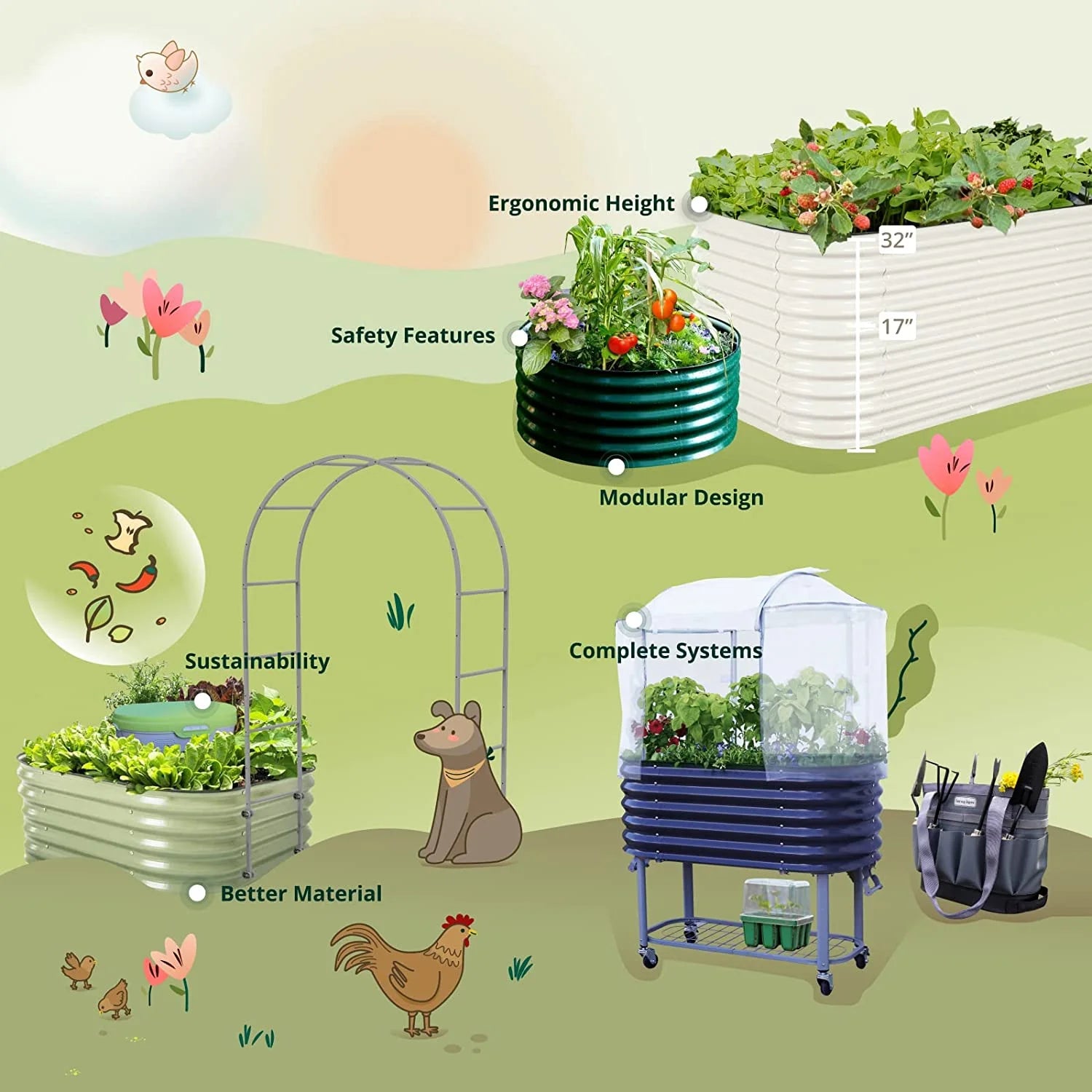 Modular Metal Raised Garden Bed, Olive Green A3714