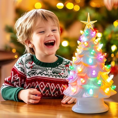 Ceramic Christmas Tree with Multicolored LED Lights, Battery Operated Tabletop Decor C5626