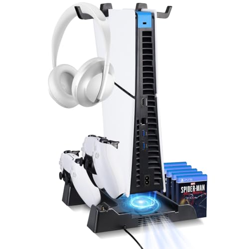 PS5 Slim Stand with Cooling Fan and Controller Charging Station, Headset Holder, White C25996