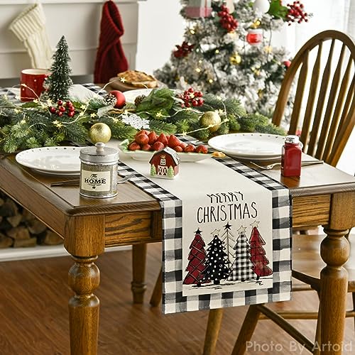 Buffalo Plaid Christmas Trees Table Runner, Winter Holiday Kitchen Dining Decor, 13 x 108 Inch D48516