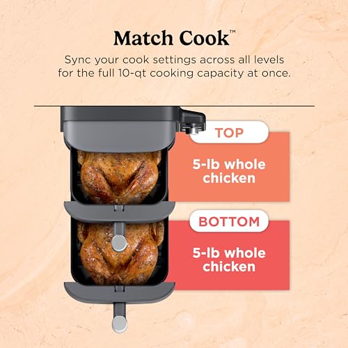 Air Fryer, 8 QT DoubleStack 2-Basket, Space Saving Design, 6-in-1, Roast & Bake, Dishwasher Safe Parts, Black N43591