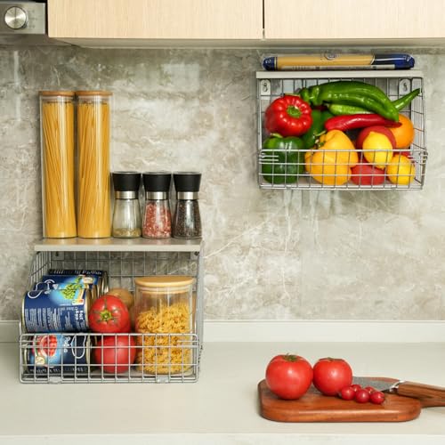 Stackable Wall Mounted Wire Fruit Basket with Wood Lid, 2-Tier Vegetable Organizer for Kitchen M64958