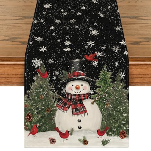 Snowman Christmas Birds Trees Table Runner, Winter Holiday Kitchen Dining Decoration, 13 x 72 Inch B443657