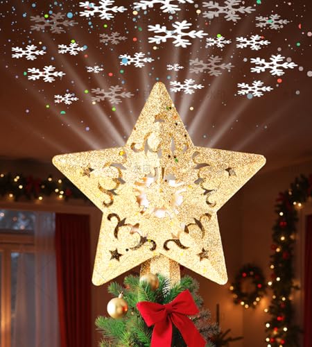 Christmas Tree Star Topper with LED Snowflake Projector, Plug In for Indoor Holiday Decor K8471