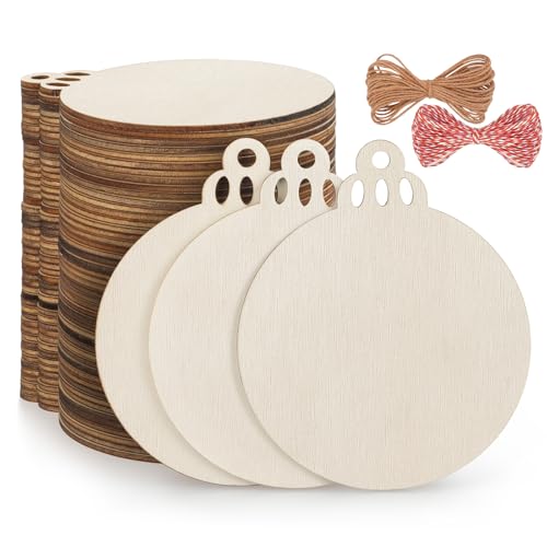 50PCS 4-Inch Wooden Christmas Ornaments, Unfinished Pre-Drilled Wood Slices for DIY Crafts G888