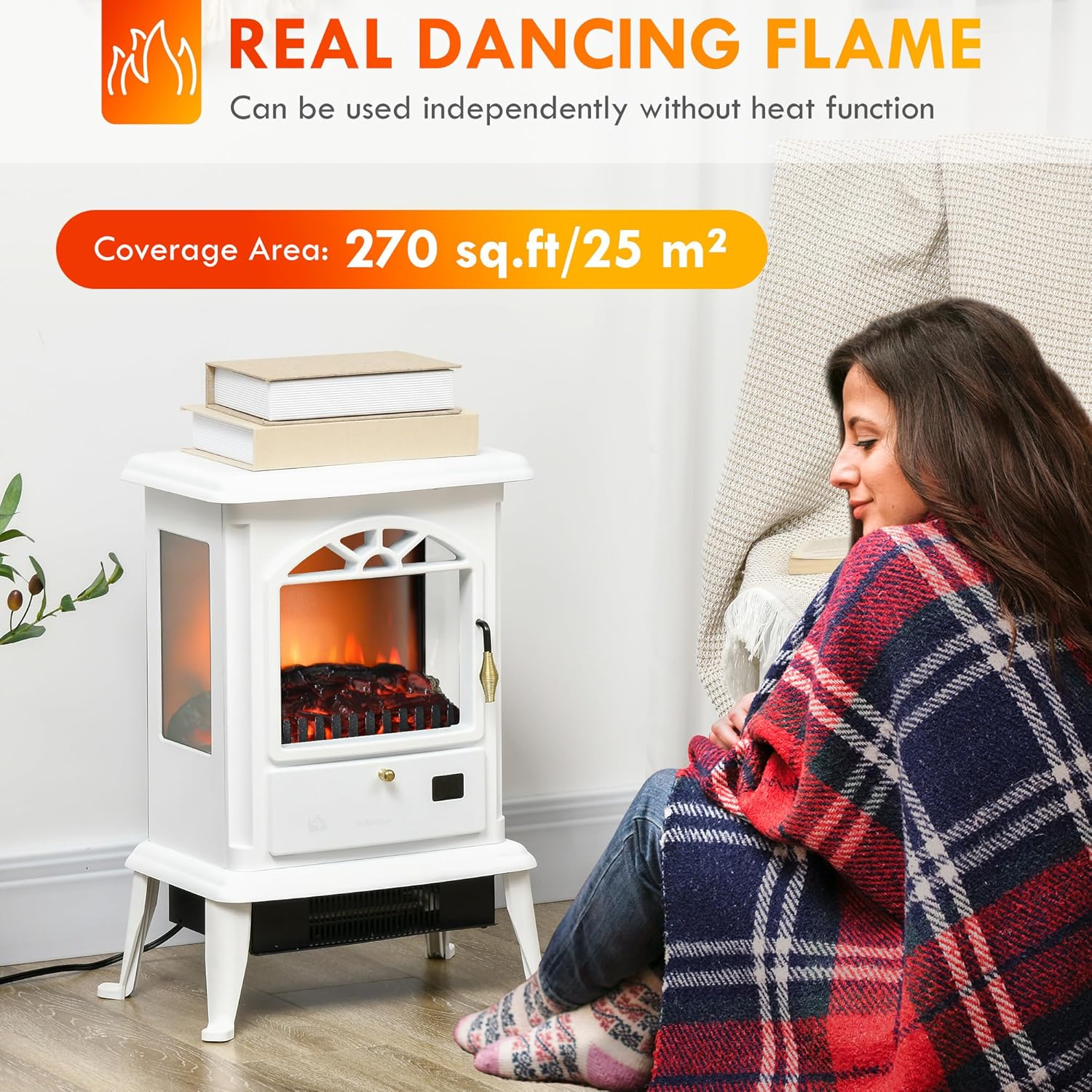 Electric Infrared Fireplace Stove, Freestanding Heater with Log Flame M110378