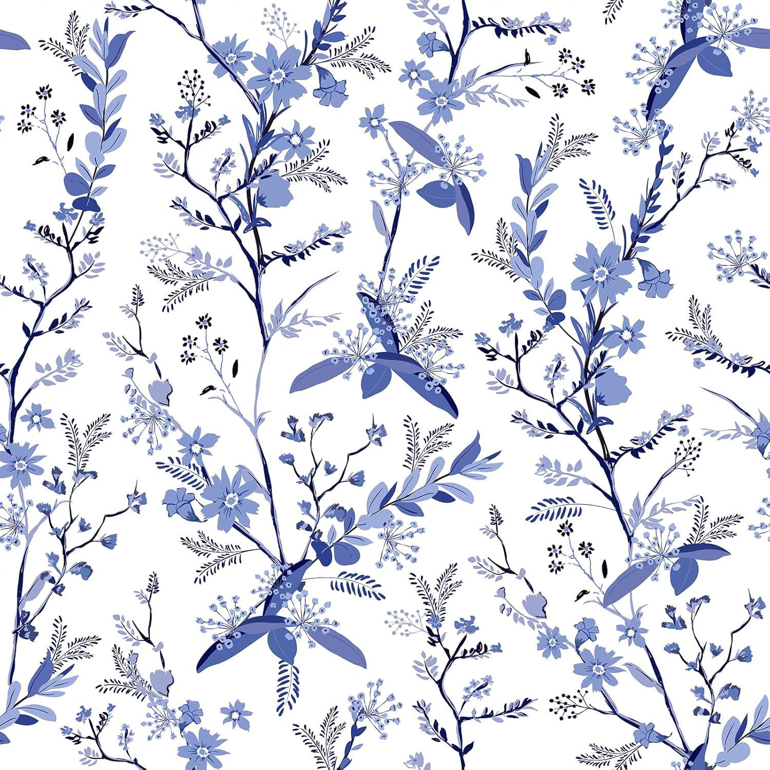 VEELIKE Blue Botanical Wallpaper Blue Floral Peel and Stick Wallpaper Vintage Floral Wallpaper for Bedroom Walls 17.7''x118'' Adhesive Floral Removable Wallpaper Blue Contact Paper for Cabinets Shelf