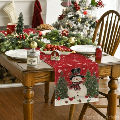 Snowman Christmas Birds Trees Table Runner, Winter Holiday Kitchen Dining Decoration, 13 x 72 Inch B443657