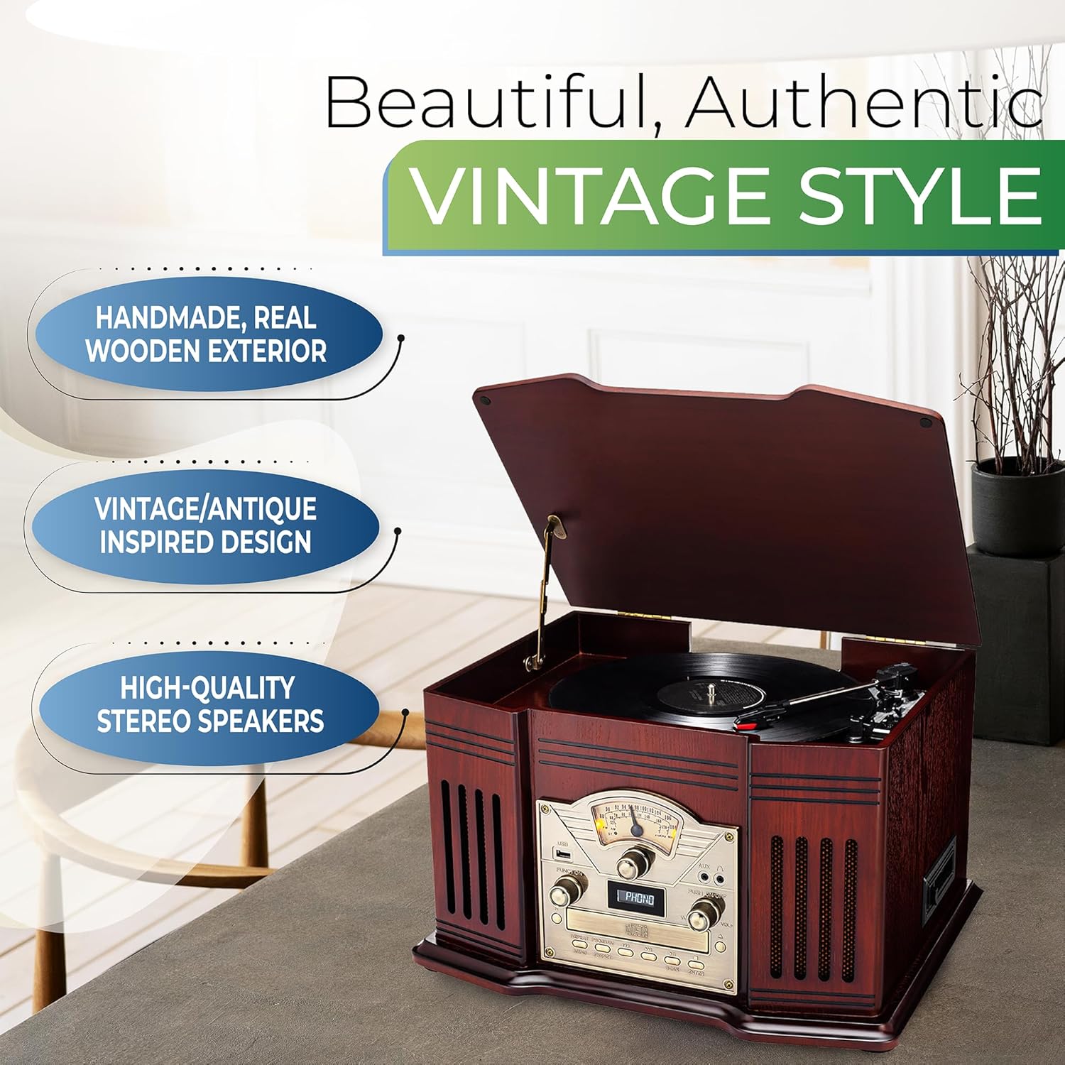 All-in-One Turntable with 3-Speed Record Player, Bluetooth, CD, Cassette, AM/FM Radio, USB, Built-in Speakers P88310