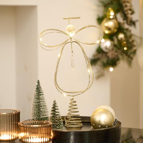 Lighted Christmas Tree Topper Angel with Timer, 10 Inch Pre-Lit Gold Metal V305