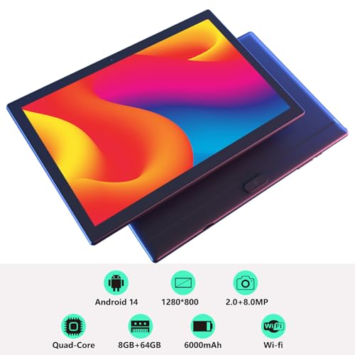Tablet 10 inch Android 14 with Keyboard Case, Mouse, Stylus, 8GB+64GB, 1280*800 HD Touch Screen, 8MP Dual Camera, Wi-Fi Bluetooth, Blue B613
