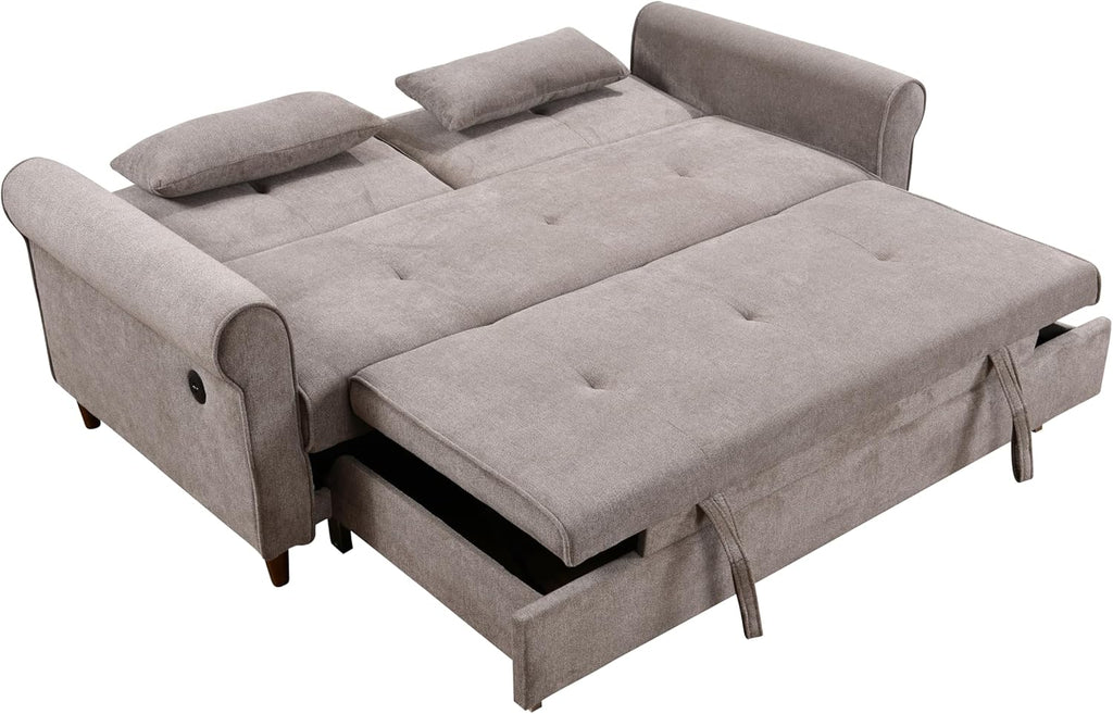 Convertible Sleeper Sofa Bed with Pullout Bed and USB Port, Brown O1037