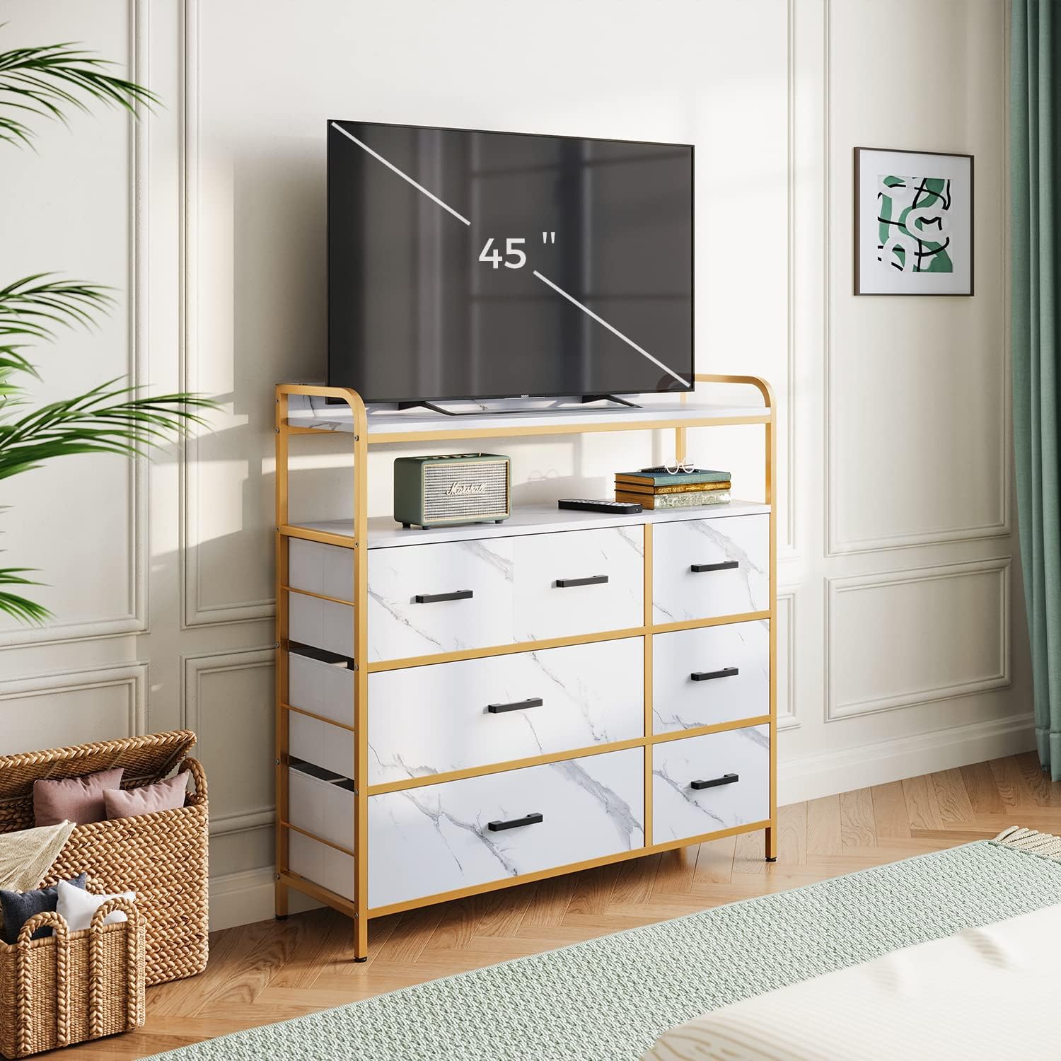 White Dresser with 7 Drawers and Double Shelf for Bedroom D1851