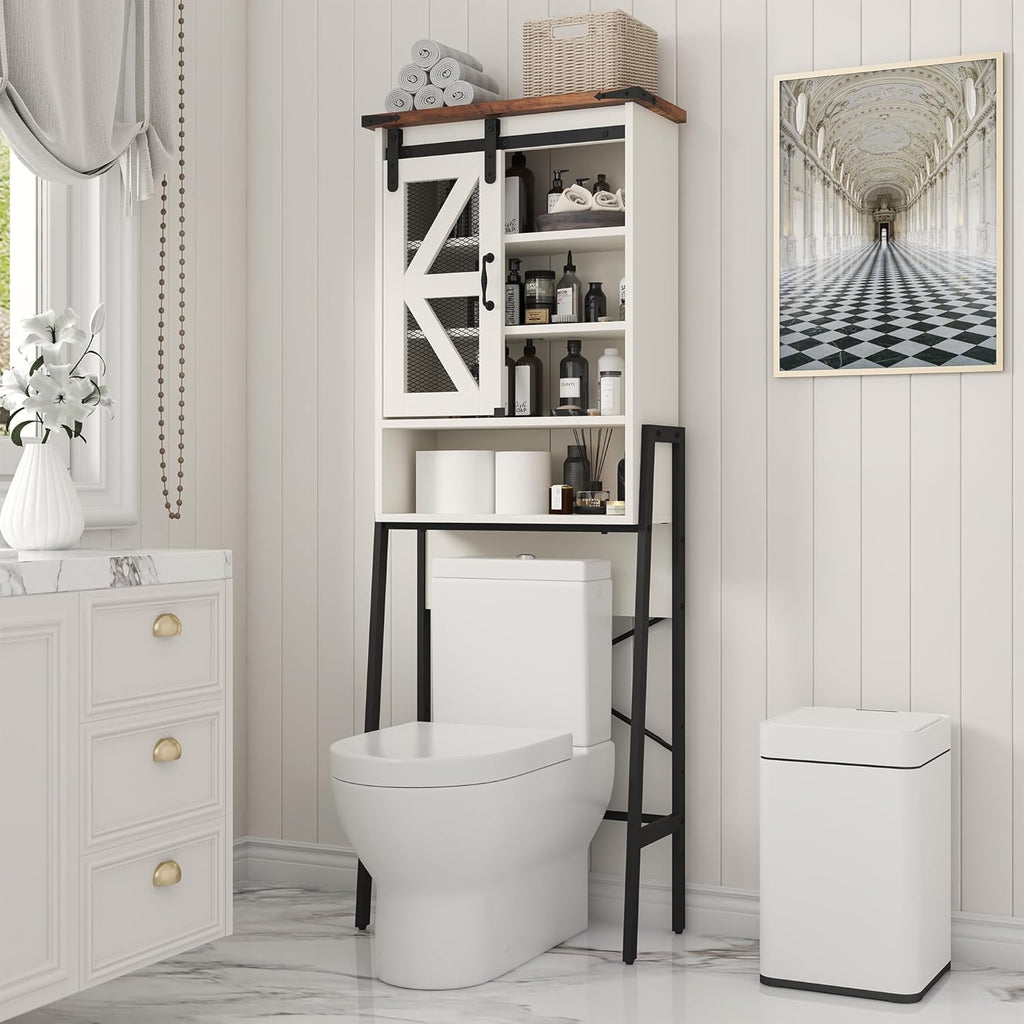 Over The Toilet Storage Cabinet, Above Toilet Storage Cabinet with Adjustable Shelves and Barn Door, Farmhouse Behind Toilet Bathroom Organizer for Bathroom, Laundry Room, Off-White