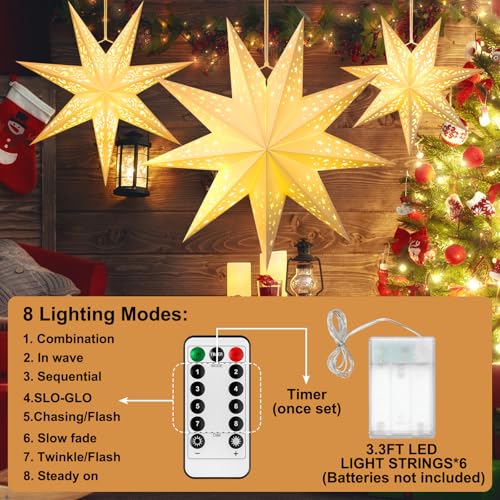 6 Pcs Christmas Paper Star Lanterns with LED Light, Hanging Ornament for Xmas Party Indoor Outdoor Decor N186