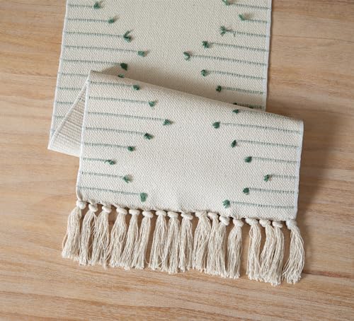 Christmas Table Runner 13 x 90 Inch Cotton Woven with Tassels Red and Beige B398787