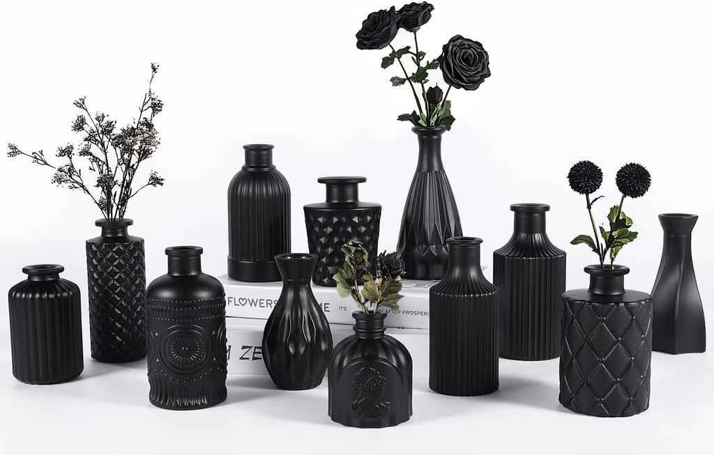 Mini Vintage Glass Bud Vases, Rustic Theme, Green &amp; Black, Set of 12