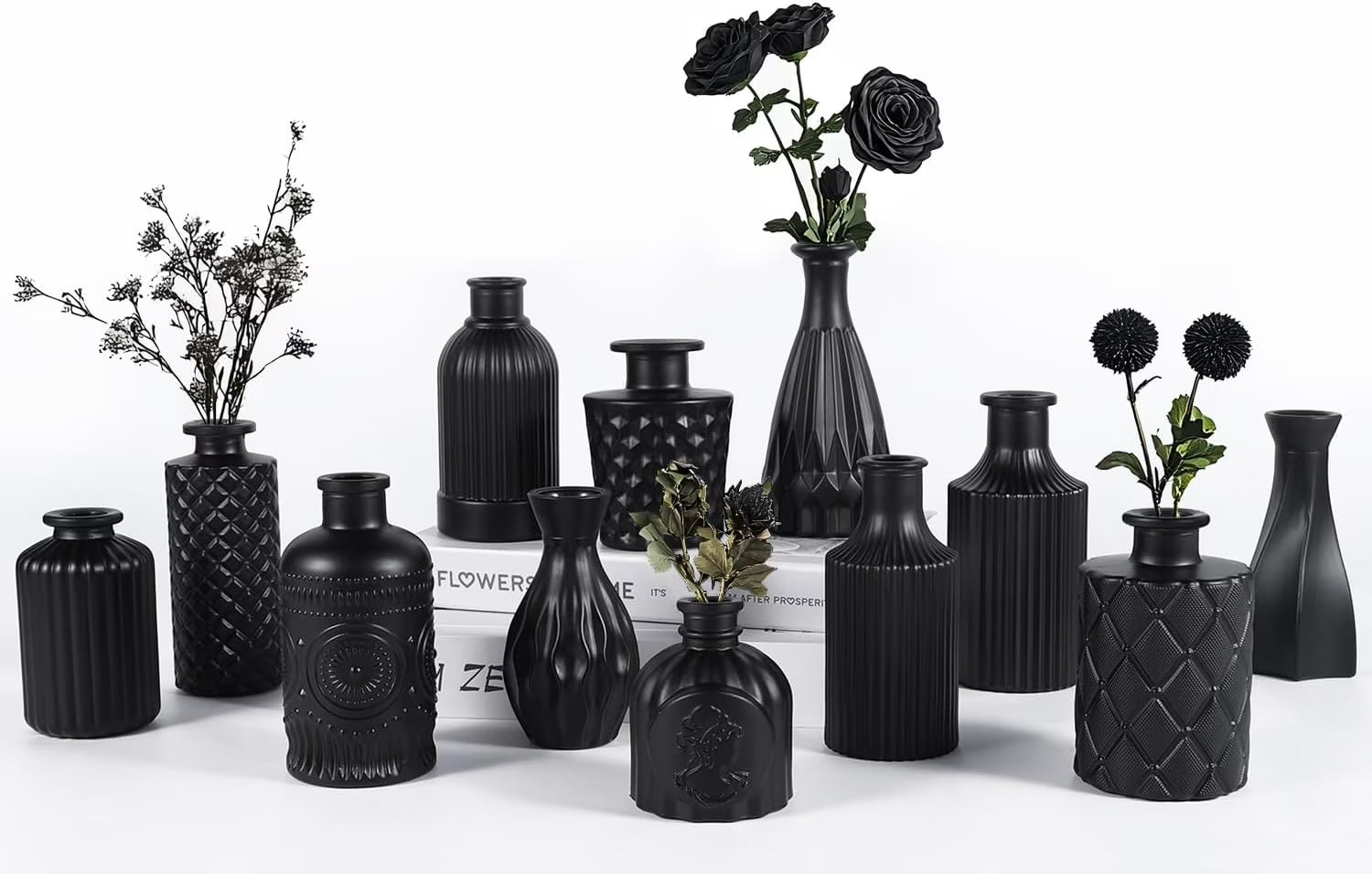 Mini Vintage Glass Bud Vases, Rustic Theme, Green &amp; Black, Set of 12