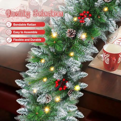 Flocked Pre-Lit Christmas Garland with 30 LED Lights, Red Berries and Pine Cones E701722