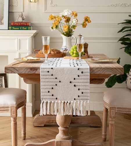 Christmas Table Runner 13 x 90 Inch Cotton Woven with Tassels Red and Beige B398787