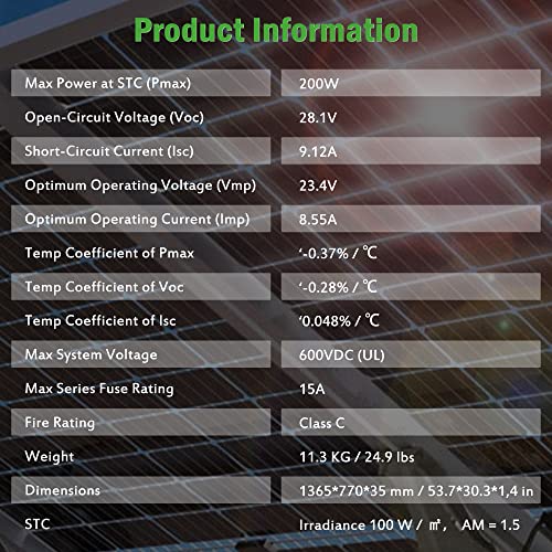 200 Watt Bifacial Monocrystalline Solar Panel 12V for RV Home Off Grid S885983