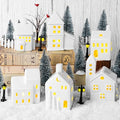 Fovths 37 Pieces Porcelain Christmas Village Sets 6 Lighted Ceramic Houses with Remote Control LED Tealights, 14 Trees, Fences, Street Lamps Winter Village Accessories for Xmas Tabletop Decor