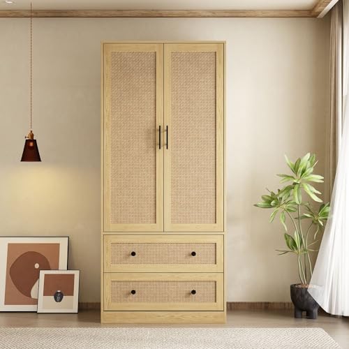Rattan Door Wardrobe Closet with 2 Drawers and Shelves, Hanging Rod, Oak F827184