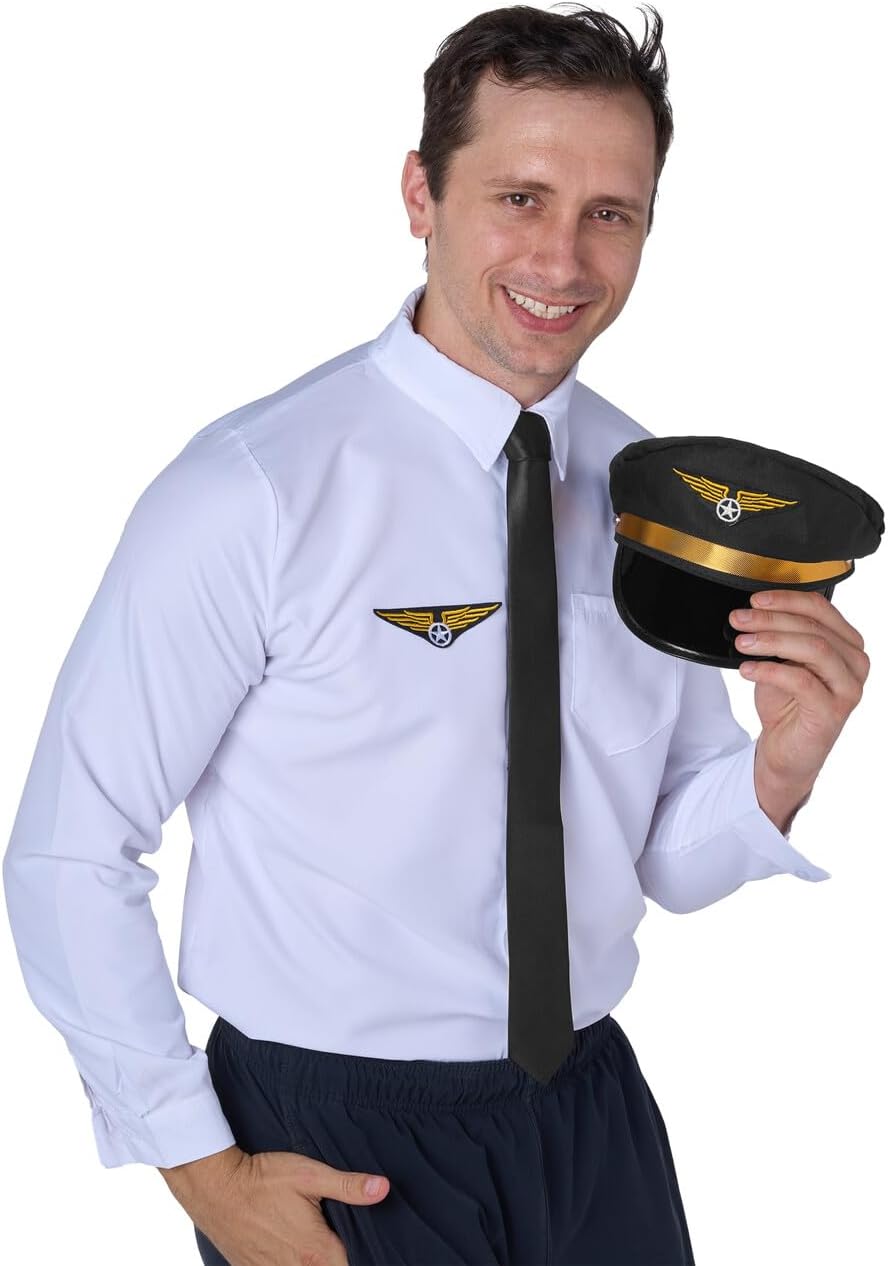 Airline Pilot Captain Costume Kit, 5 PCS Dress Up Accessory Set with Sunglasses, Tie, Hat, Wings Patch and Necklace H4159