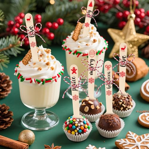 Disposable Christmas Wooden Spoons for Hot Cocoa and Stirring, 100 Set F324399