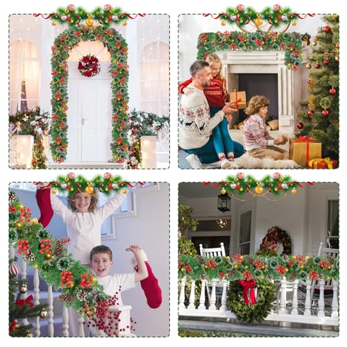 Pre-lit Christmas Garland with LED Lights, Red Flowers and Berries Y488109