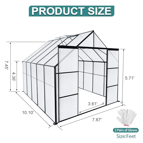 8x10FT Walk-in Greenhouse with Double Sliding Doors, Polycarbonate Panels, Aluminum Frame H7634