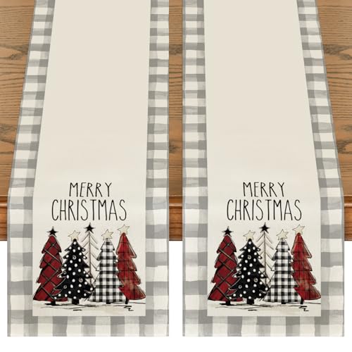 Buffalo Plaid Christmas Trees Table Runner, Winter Holiday Kitchen Dining Decor, 13 x 108 Inch D48516