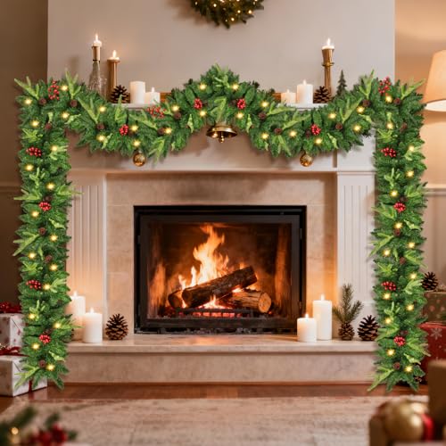 9ft Pre-Lit Christmas Garland with Pine Cones & Red Berries M365619