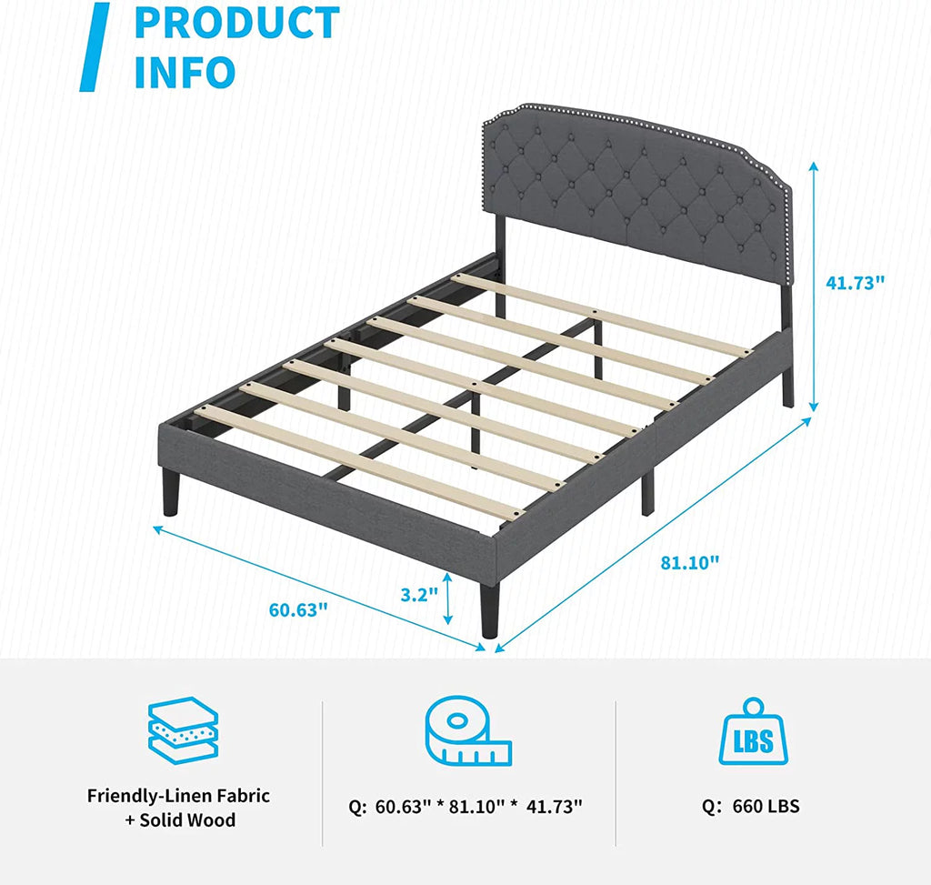 Queen Size Platform Bed Frame with Tufted Upholstered Headboard, Dark Grey E37329