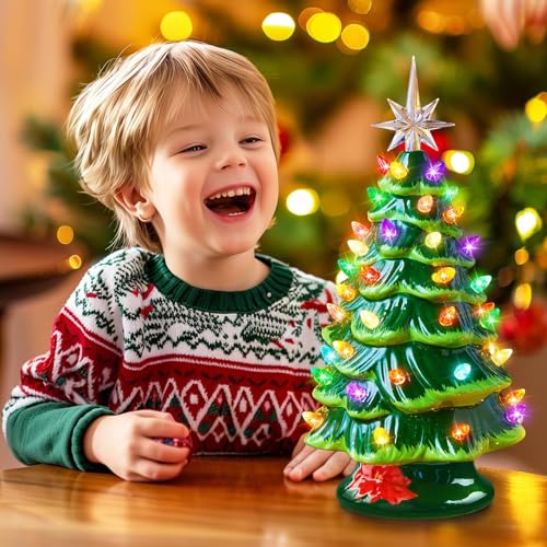 Ceramic Christmas Tree with Multicolored LED Lights, Battery Operated Tabletop Decor C5626