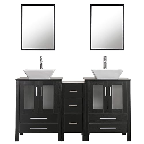Double Bathroom Vanity with Porcelain Vessel Sinks and Side Cabinets W511404