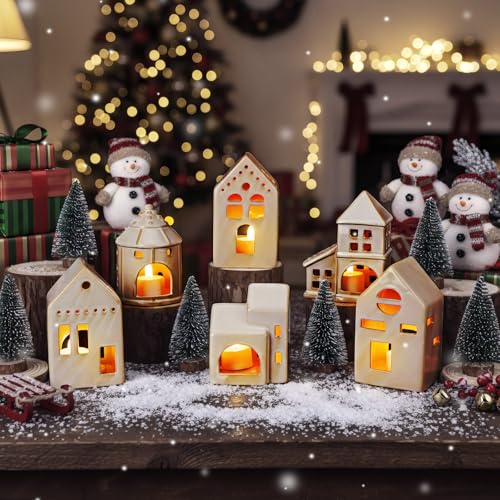 Ceramic Christmas Village Houses with LED Lights for Tabletop Mantle Decor D8566
