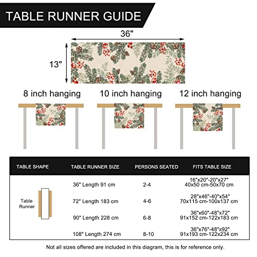 Winter Pine Cone Needle Branch Berry Table Runner, Watercolor Botanical Tabletop Scarf, Christmas Farmhouse Holiday Dining Decoration O823579