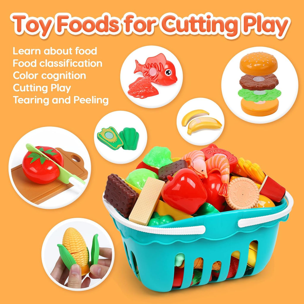 Play Sink with Running Water, Kitchen Sink Toys with Electric Faucet, Kids Pots and Pans Set with Play Food and Storage Basket C7518