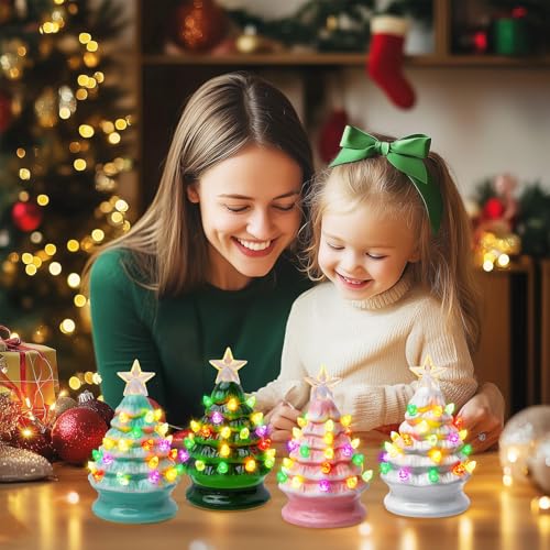 5 Inch Mini Ceramic Christmas Tree Set - 4 Pack Pre-lit Tabletop with Multicolored LED Lights Y881548