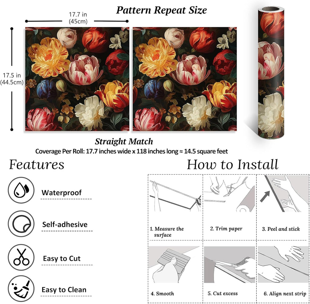 Antique Tulips Floral Peel and Stick Wallpaper for Bedroom Bathroom B6749