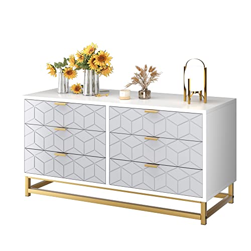 Senfot White 6 Drawer Dresser for Bedroom, Modern Dressers & Chests of Drawers, Wood Dresser Chest Organizer with Metal Legs, Large Drawers for Bedroom, Hallway