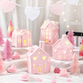 Cindeer 12 Pcs Pink Christmas Ceramic Village Decorations 4 Lighted Ceramic House Figurines and 8 Mini Pine Trees with Base Pink Table Centerpiece for Christmas Valentine Holiday