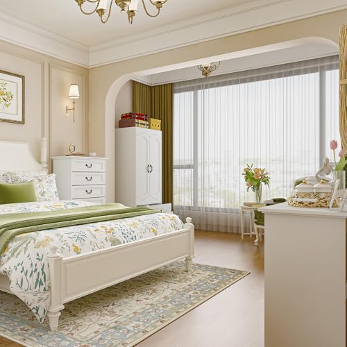 2 Door Wardrobe with 2 Drawer, White Vintage Armoire with Clothing Rod, 67" Tall Wooden Closet Cabinet for Bedroom C405