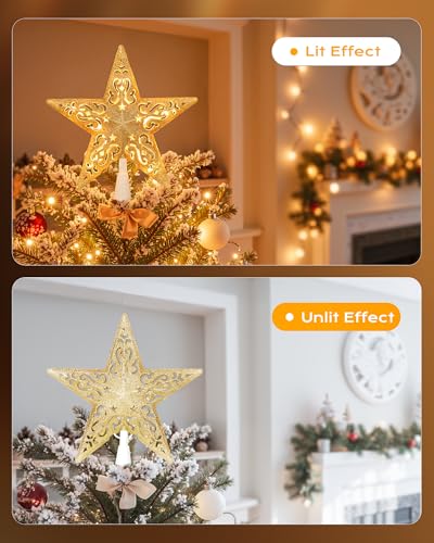 Christmas Star Tree Topper Lighted 3D Gold Pentagram with 10 Bulbs Plug In B67124