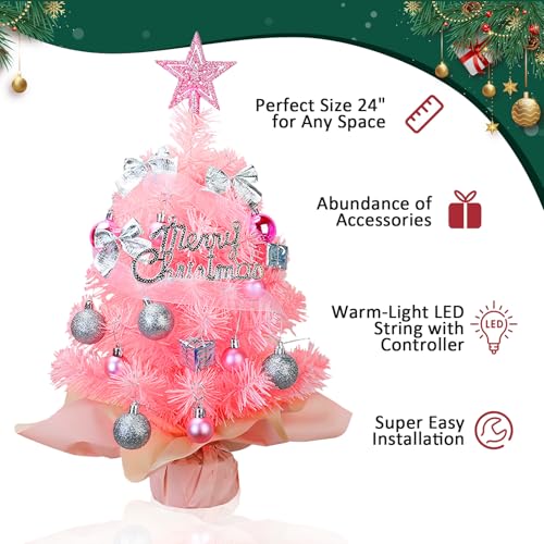 Mini Christmas Tree with 50 LED Lights, 24 Inch Tabletop Prelit Artificial Tree U511