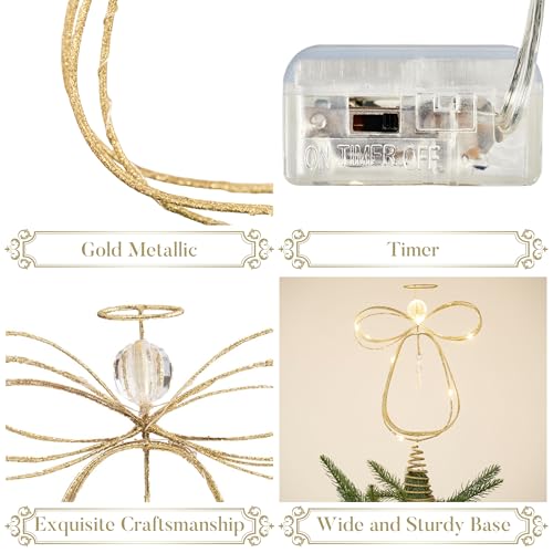 Lighted Christmas Tree Topper Angel with Timer, 10 Inch Pre-Lit Gold Metal V305