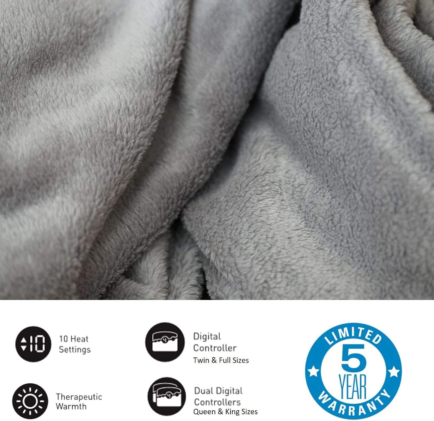 Micro Plush Electric Heated Blanket with Digital Controller, Queen, Grey M26186