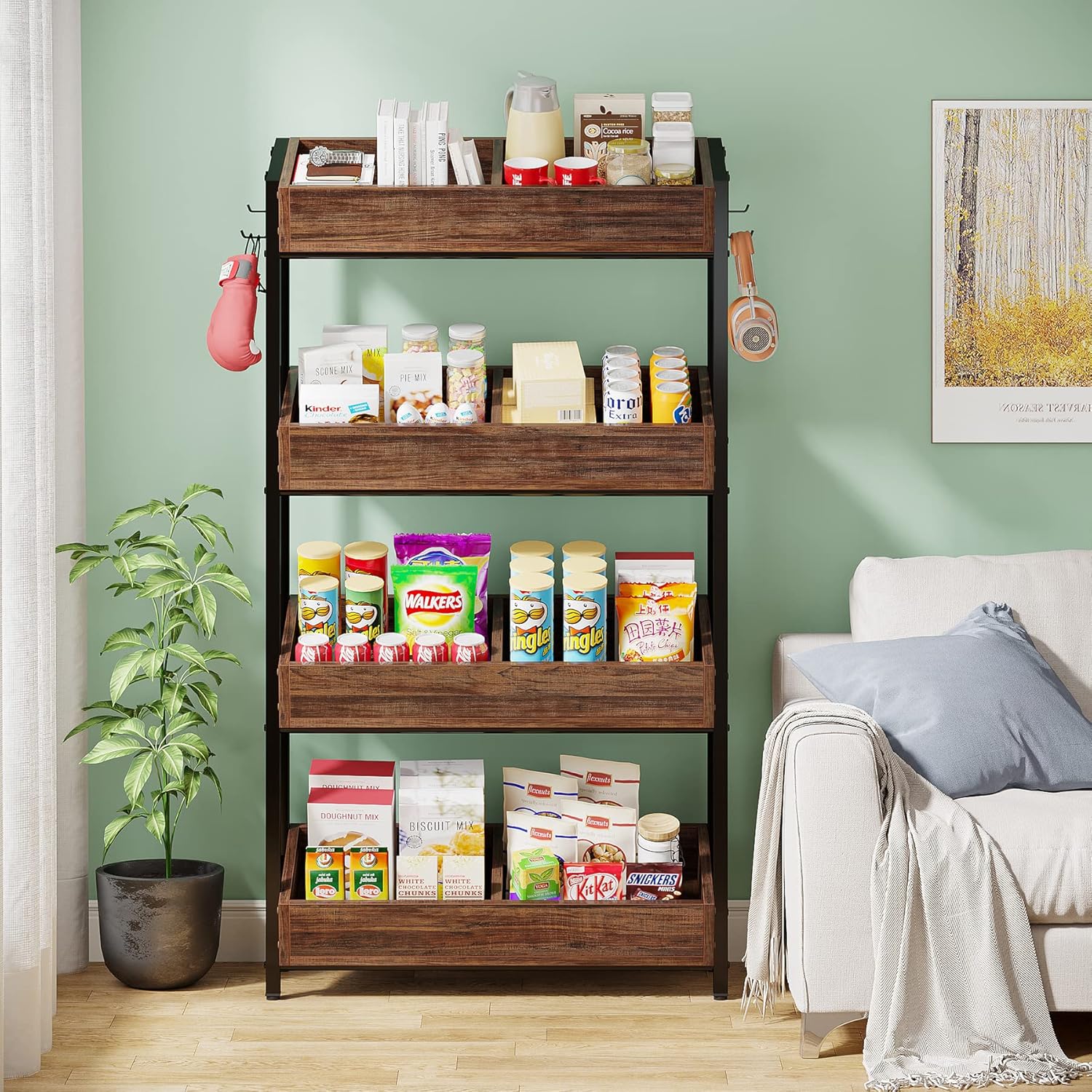 4-Tier Wood Fruit Vegetable Storage Basket Stand, Versatile Utility Shelf Rack C629574